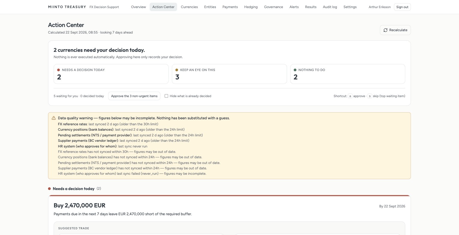Currency Navigator's Action Center, showing the daily FX recommendation