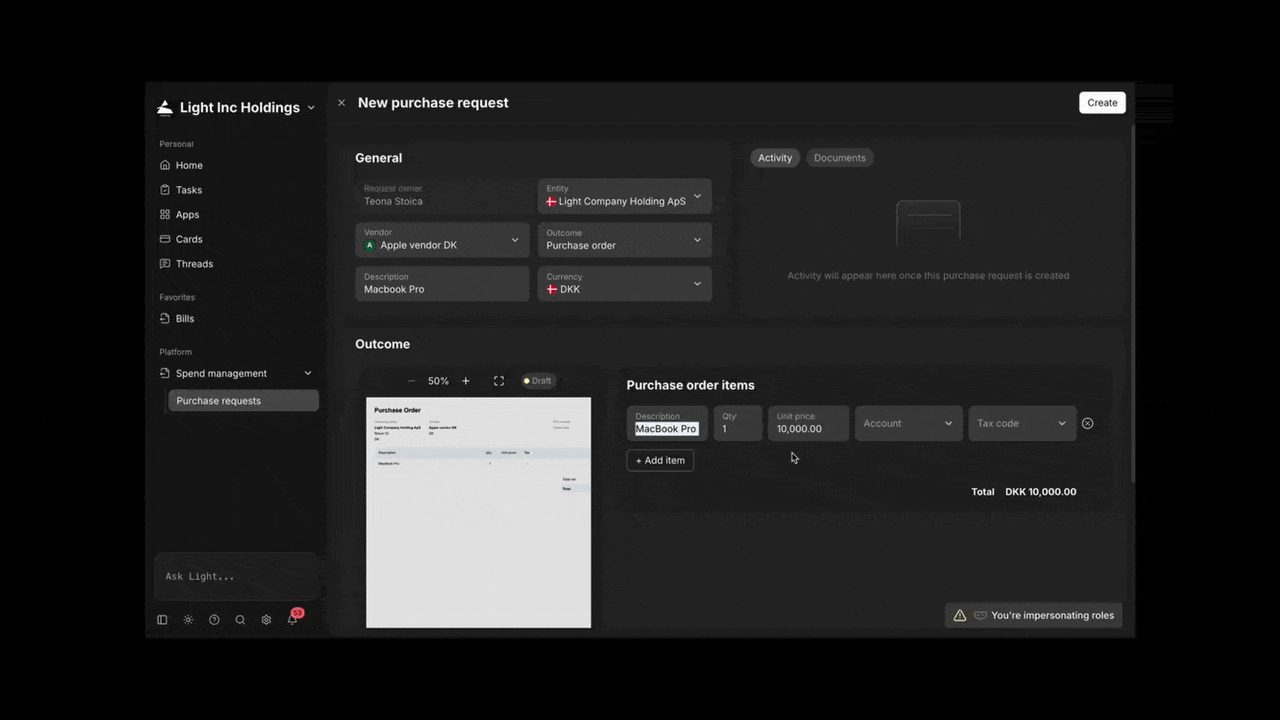 An employee raising a purchase request in Light