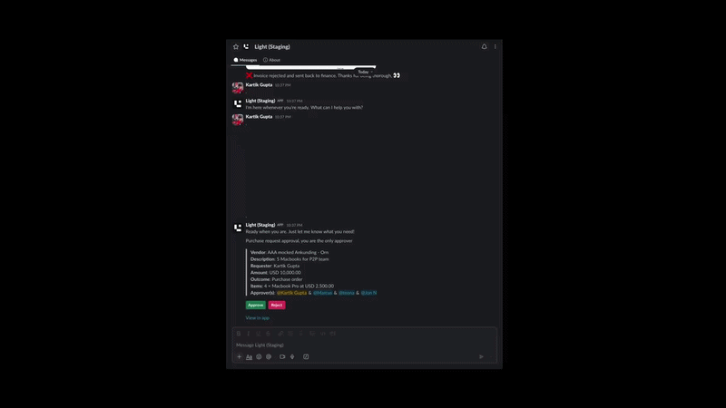 Approving a purchase request directly from Slack