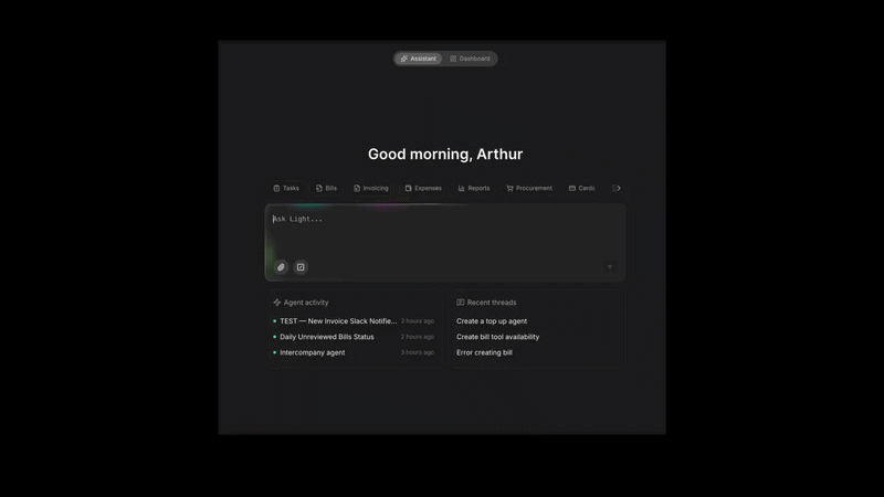 The new Light homepage, with the Light Command Interface front and center