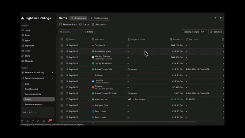 Adding existing company cards to Light and reviewing their transactions
