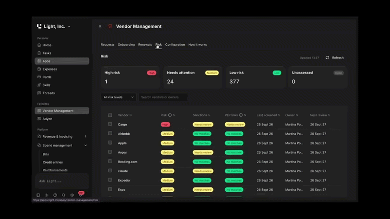 Reviewing vendor risk, sanctions and PEP screening in Light