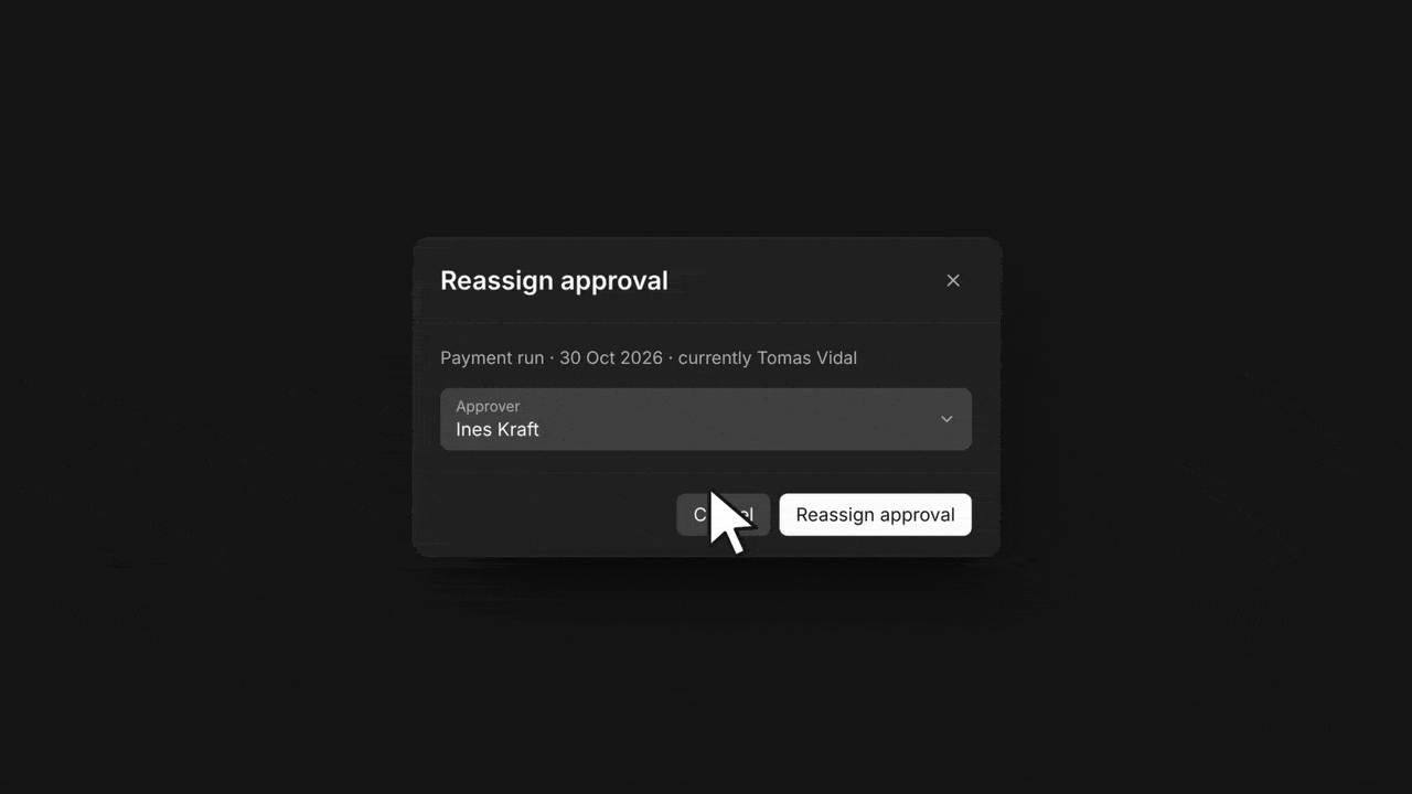Reassigning a payment run approval, then a flag on a vendor bank account that differs from the one on file