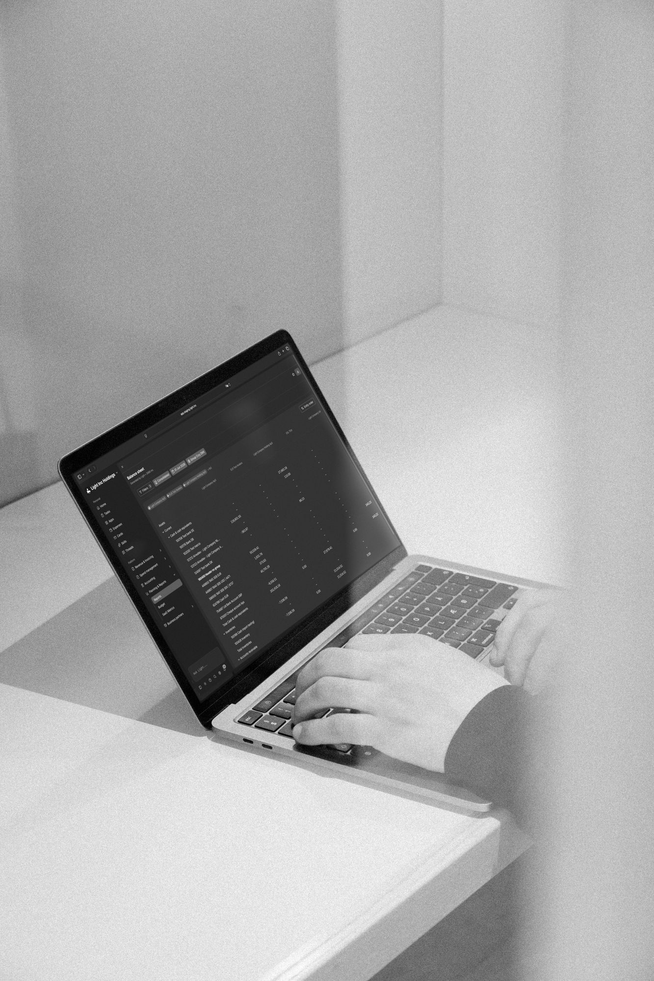 Hands at a laptop showing a consolidated balance sheet in Light