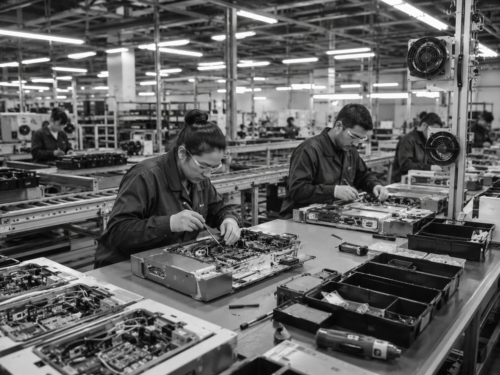 Workers assembling electronics along a factory line